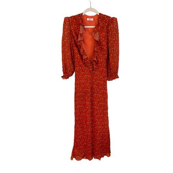 NEW Rumored Red 3/4 Sleeve Floral Print Ruffle Front Midi Wrap Dress Size XS - Picture 1 of 6